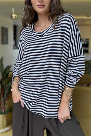 Made in Italy Perfect Breton V Long Sleeve Top Dark Brown - ** 